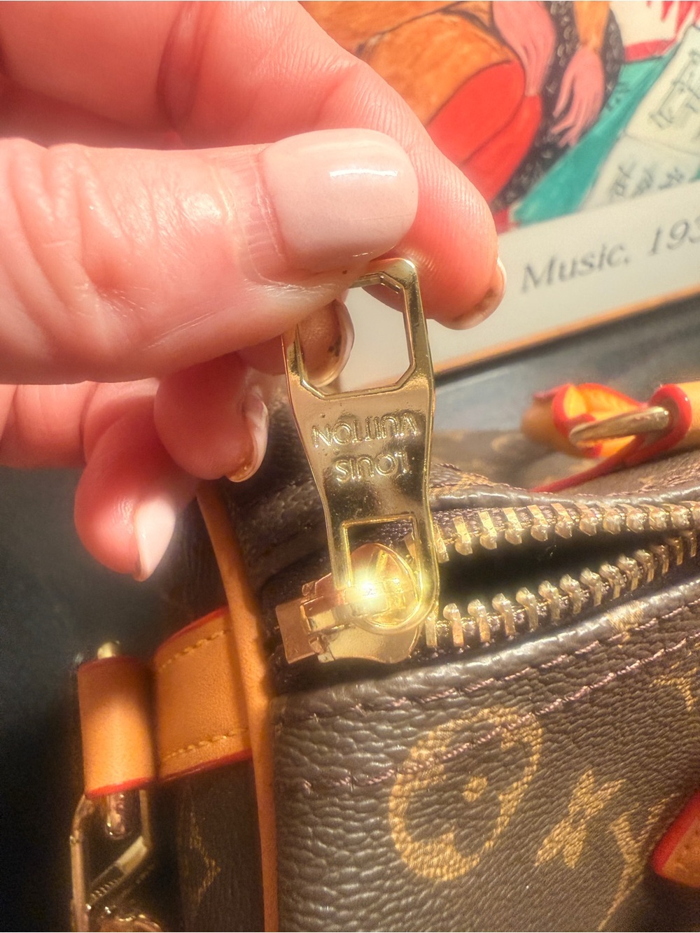 Monogram Satchel with Brown Canvas and Red-Trimmed Handles - Picture 4 of 16